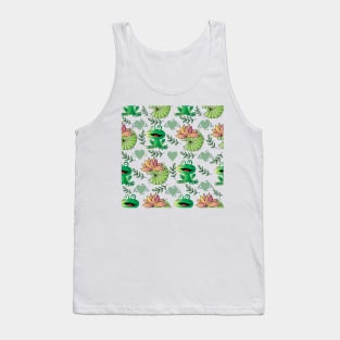Green frog with lotus leaf and flower seamless pattern. Tank Top